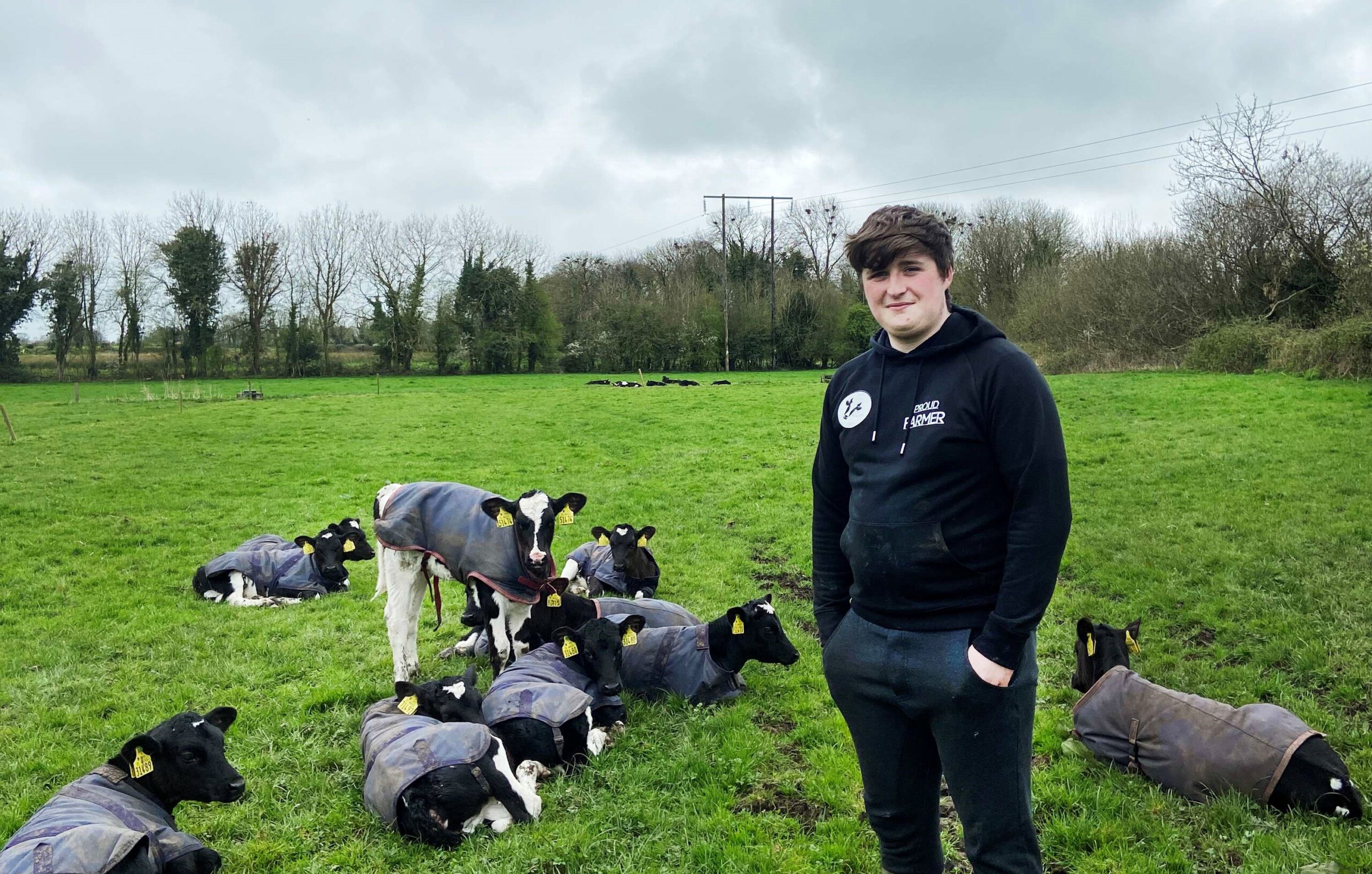Finnian Walsh farmer in field calves